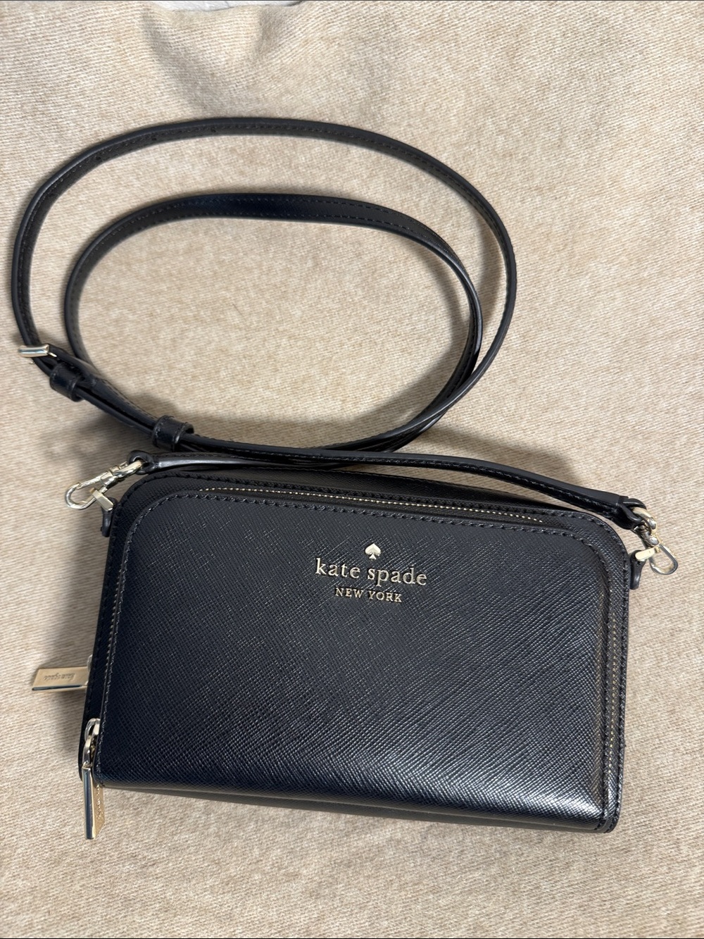 kate spade Black Leather Crossbody Wallet with Gold Logo